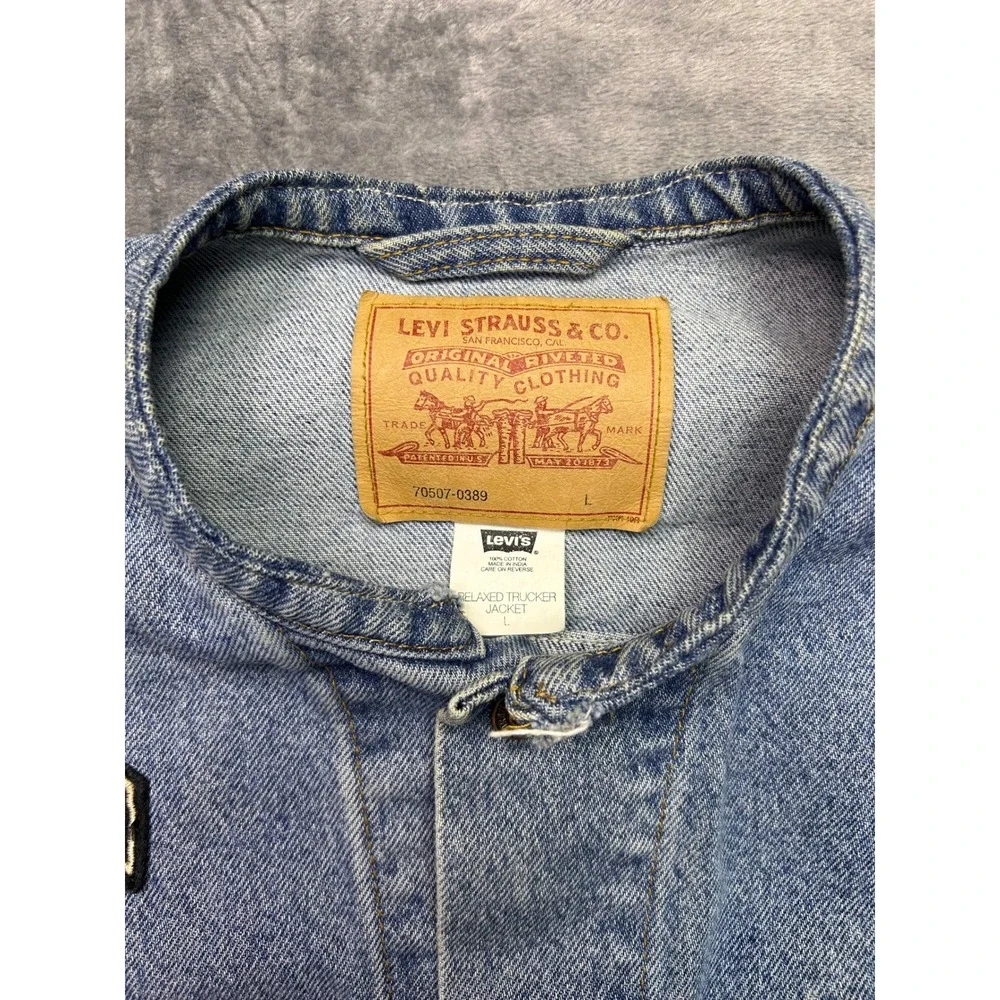 Levi's 2002 Denim Trucker Vest L Harley HOG Motown Chapter Taylor MI Biker Patch